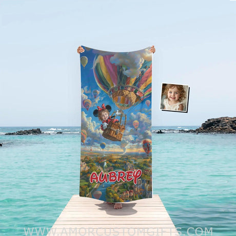 Personalized Face & Name Summer Cartoon Mouse Hot Air Balloon Ride Girl Beach Towel Towels