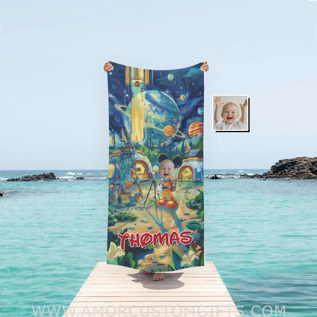 Personalized Face & Name Summer Cartoon Mouse In Galaxy Boy Beach Towel Towels