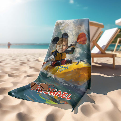 Personalized Face & Name Summer Cartoon Mouse Kayak Boy Photo Beach Towel - Amor Custom Gifts