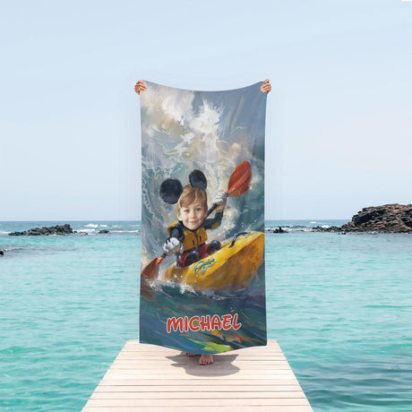 Personalized Face & Name Summer Cartoon Mouse Kayak Boy Photo Beach Towel - Amor Custom Gifts