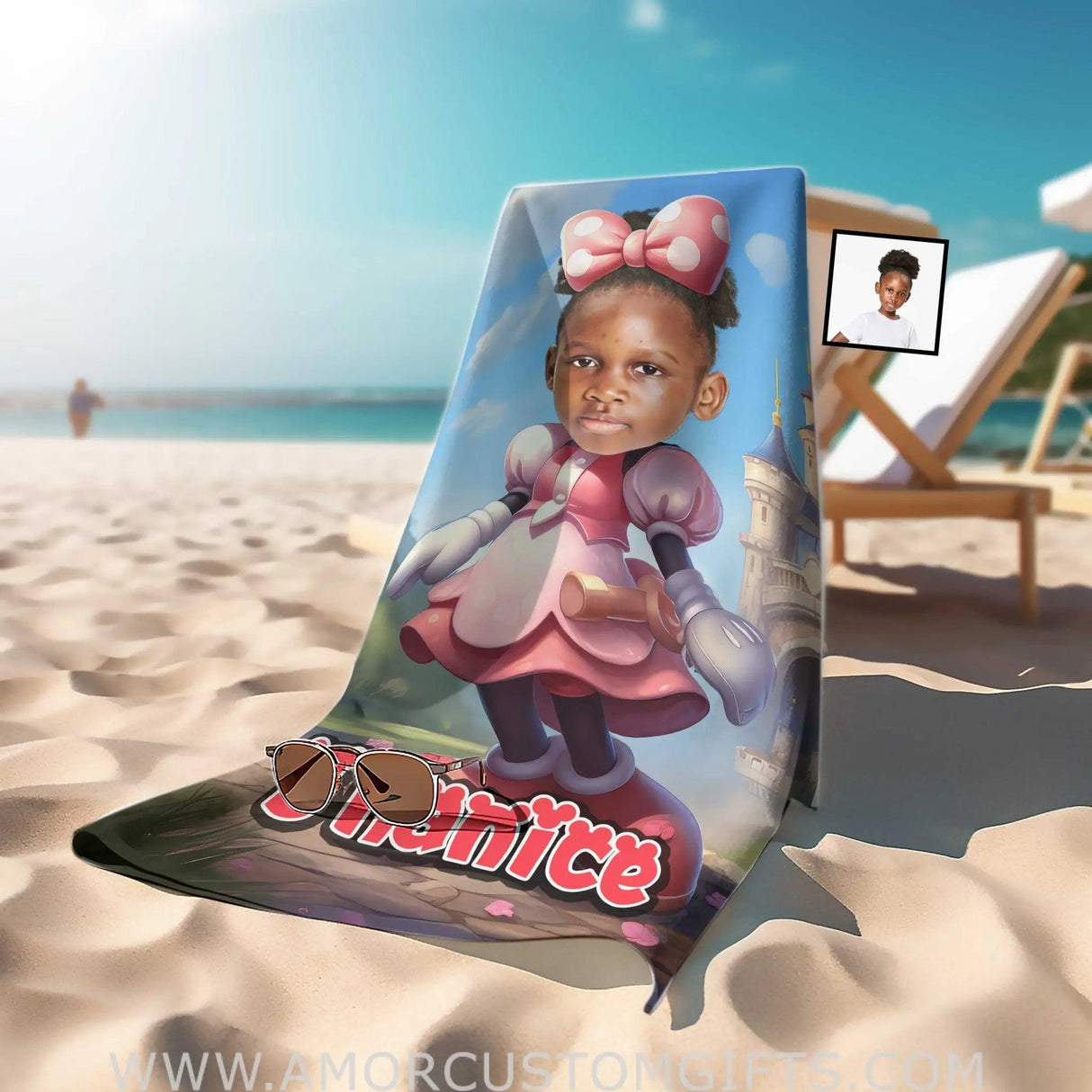 Towels Personalized Face & Name Summer Cartoon Mouse Mini Castle Pink Dress Beach Towel