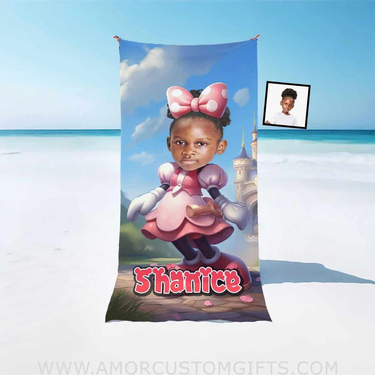 Towels Personalized Face & Name Summer Cartoon Mouse Mini Castle Pink Dress Beach Towel