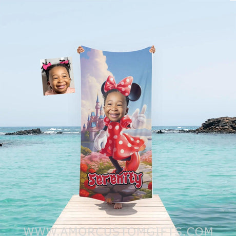 Towels Personalized Face & Name Summer Cartoon Mouse Mini Castle Polka Dot Red Dress Beach Towel