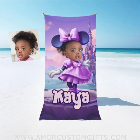 Towels Personalized Face & Name Summer Cartoon Mouse Mini Castle Purple Dress Blanket Beach Towel