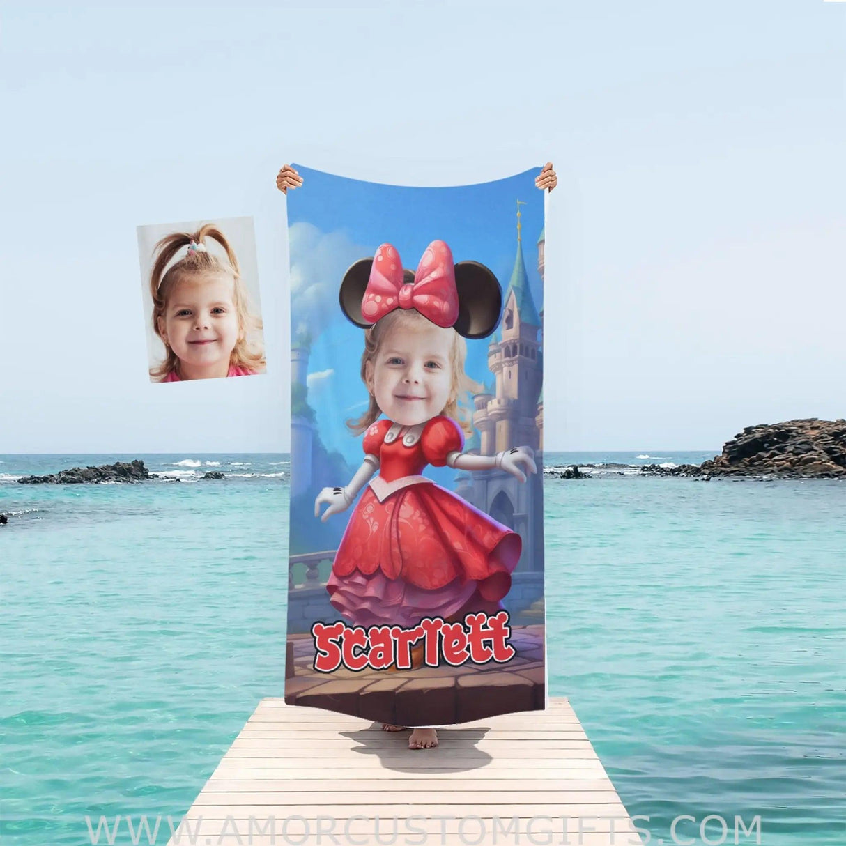 Towels Personalized Face & Name Summer Cartoon Mouse Mini Castle Red Dress Beach Towel