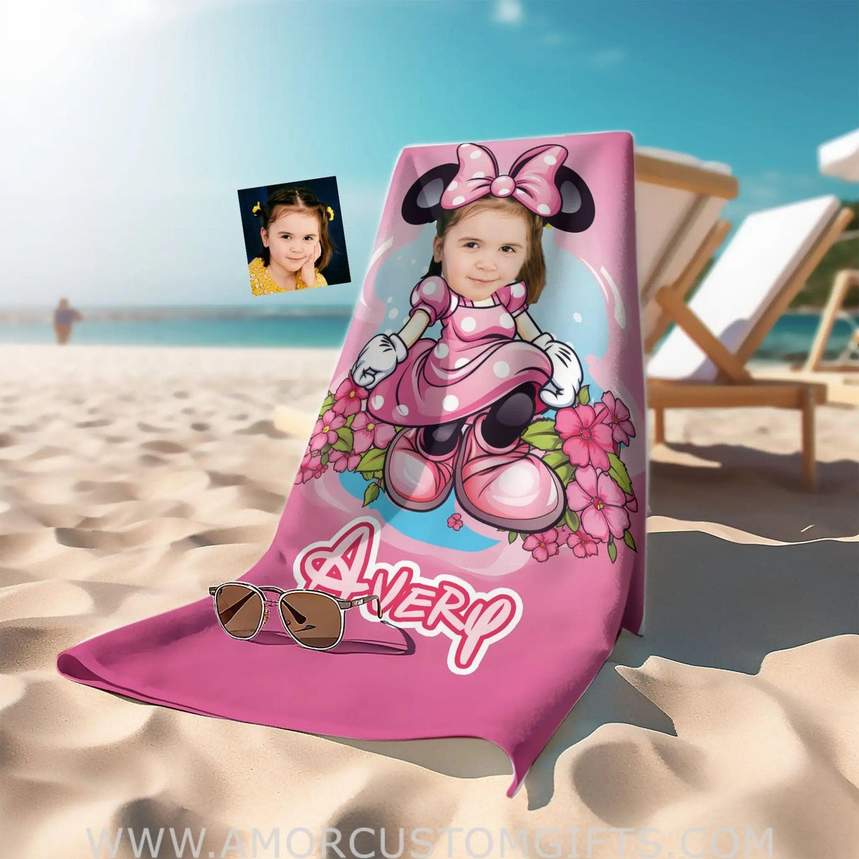 Towels Personalized Face & Name Summer Cartoon Mouse Pink Girl Beach Towel