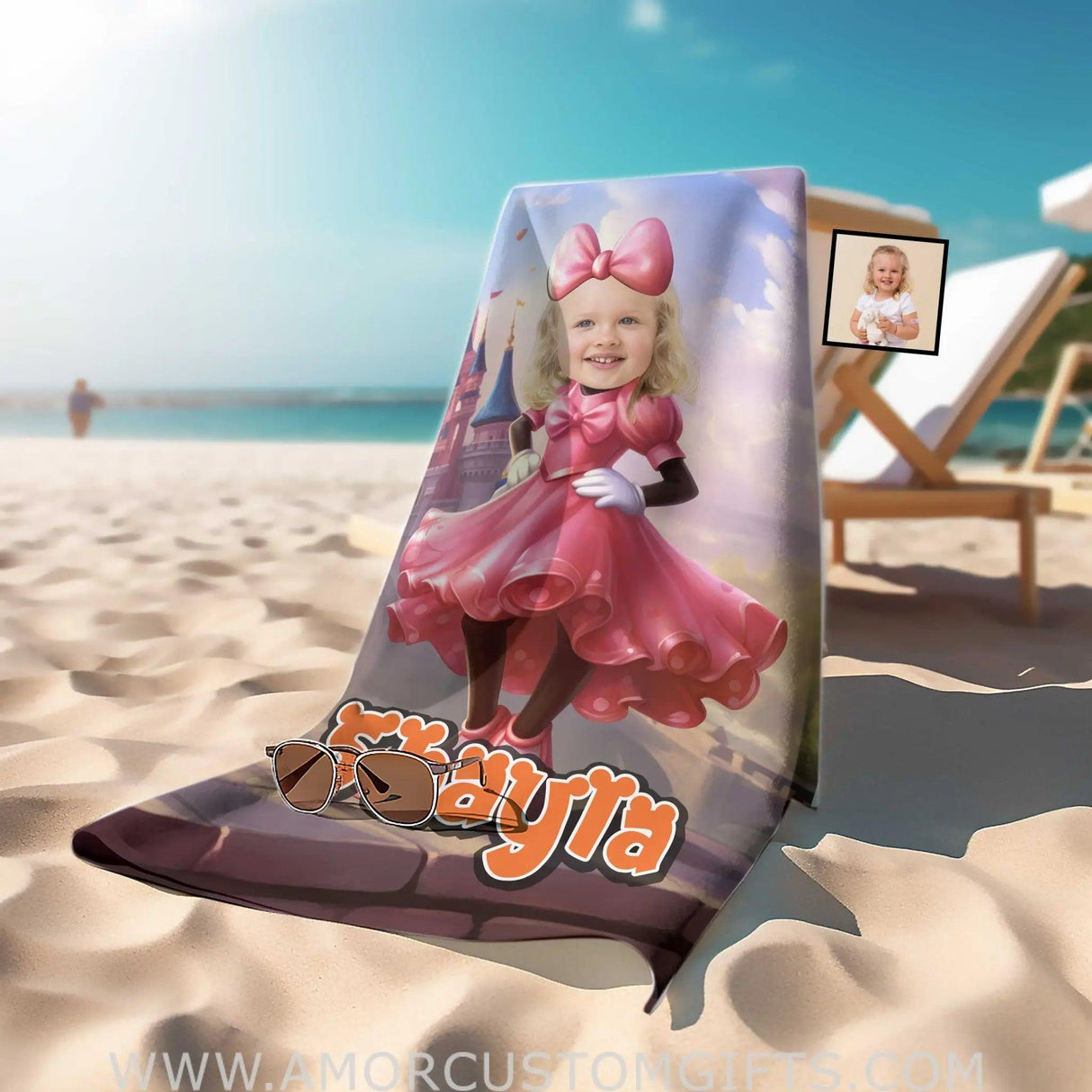 Towels Personalized Face & Name Summer Cartoon Mouse Pink Mini Castle Beach Towel