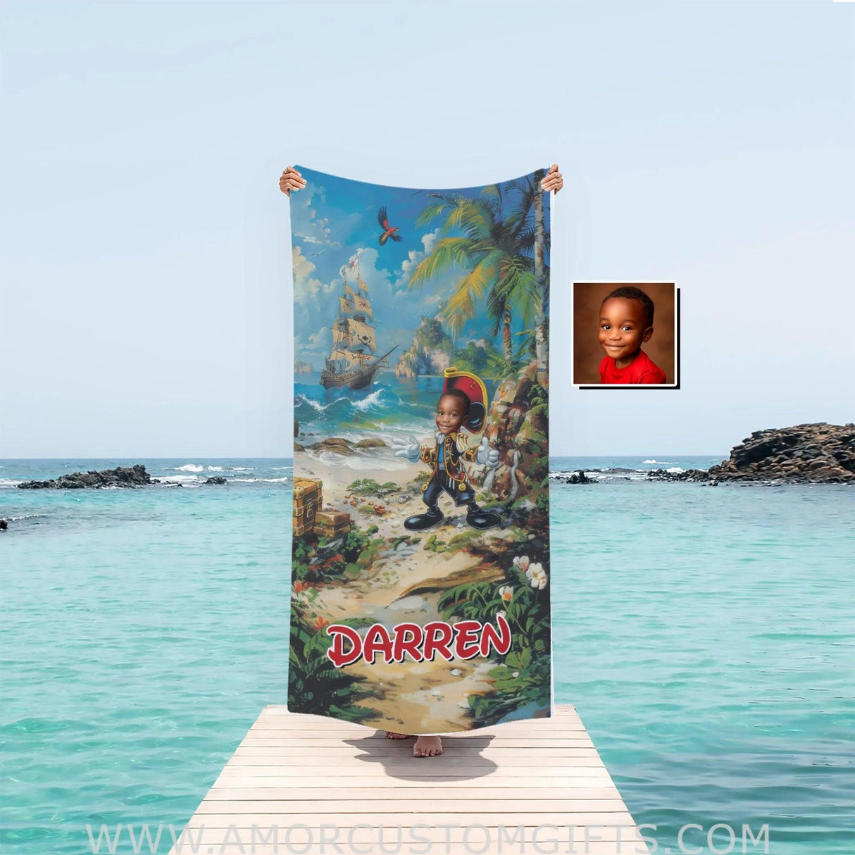 Personalized Face & Name Summer Cartoon Mouse Pirate Boy Beach Towel Towels