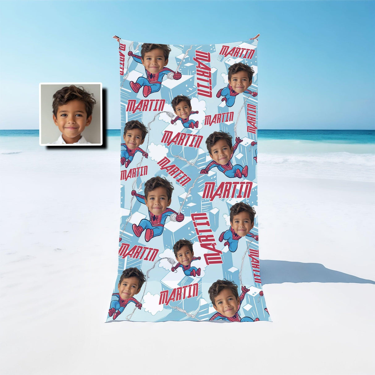 Towels Personalized Face & Name Summer Chibi Caricature  Spider Boy Beach Towel