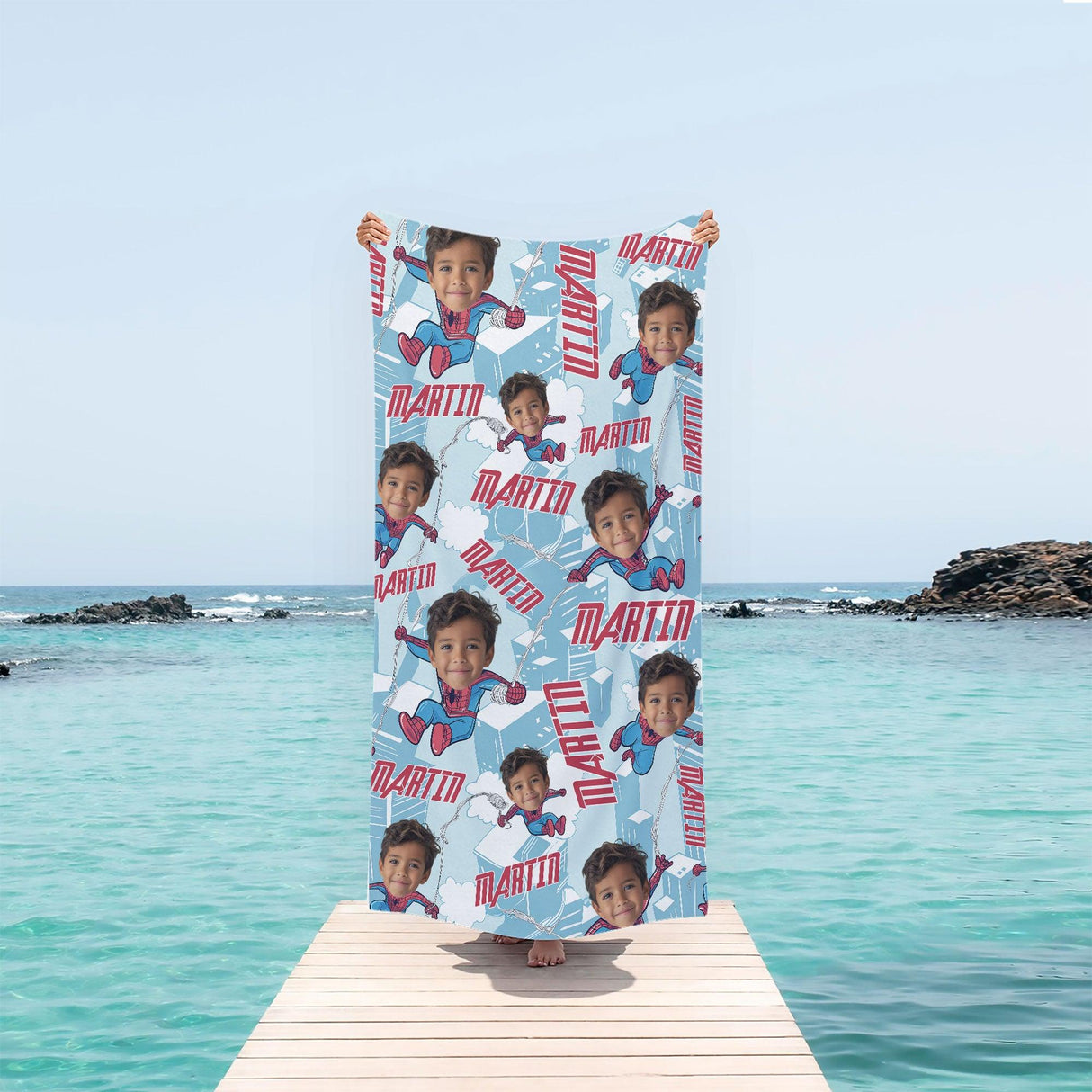 Towels Personalized Face & Name Summer Chibi Caricature  Spider Boy Beach Towel