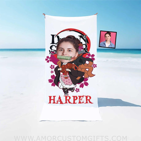 Towels Personalized Face & Name Summer Demon Slayer Kamodo Nezuko Girl Beach Towel