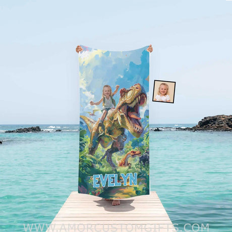 Towels Personalized Face & Name Summer Dino Trex Girl In The Forest Beach Towel