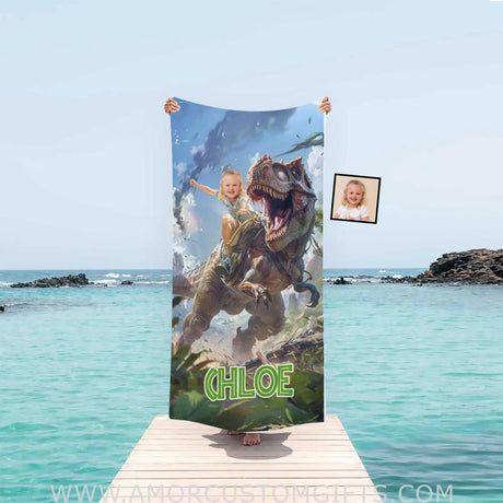 Towels Personalized Face & Name Summer Dino Trex Girl In Wild Forest Beach Towel