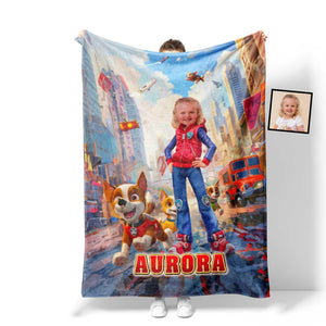 Personalized Face & Name Summer Dog Patrol Girl Police Car Blanket-Blankets-Amor Custom Gifts