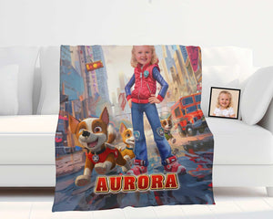 Personalized Face & Name Summer Dog Patrol Girl Police Car Blanket-Blankets-Amor Custom Gifts