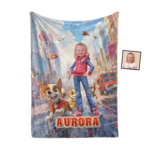 Personalized Face & Name Summer Dog Patrol Girl Police Car Blanket-Blankets-Amor Custom Gifts