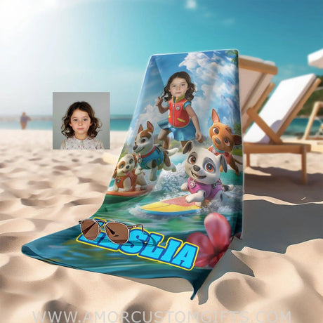 Towels Personalized Face & Name Summer Dog Patrol Puppies Adventure Summer Beach Surfing Girl Beach Towel