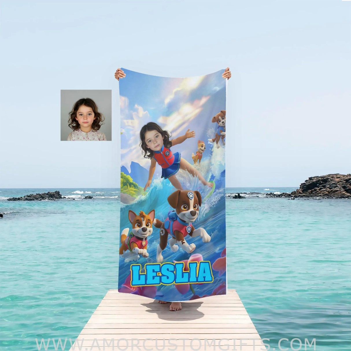 Towels Personalized Face & Name Summer Dog Patrol Puppies Adventure Summer Beach Surfing GIrl Beach Towel