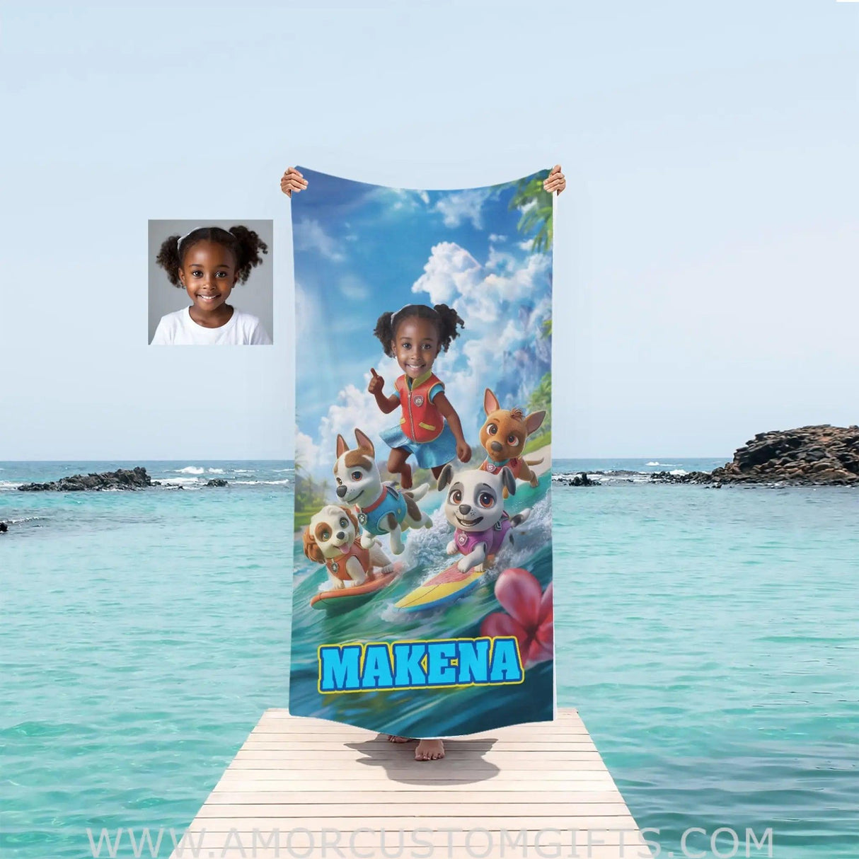 Towels Personalized Face & Name Summer Dog Patrol Puppies Adventure Summer Beach Surfing Girl Beach Towel