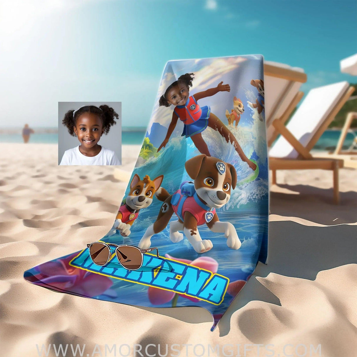 Towels Personalized Face & Name Summer Dog Patrol Puppies Adventure Summer Beach Surfing GIrl Beach Towel