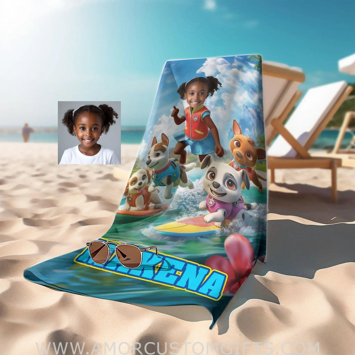 Towels Personalized Face & Name Summer Dog Patrol Puppies Adventure Summer Beach Surfing Girl Beach Towel