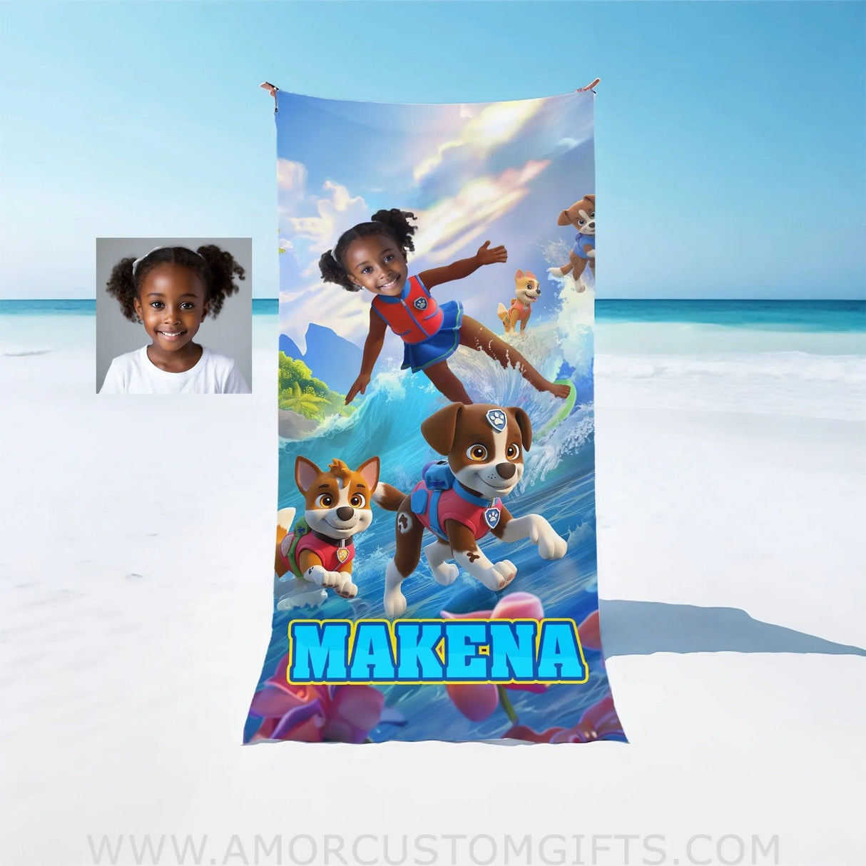 Towels Personalized Face & Name Summer Dog Patrol Puppies Adventure Summer Beach Surfing GIrl Beach Towel