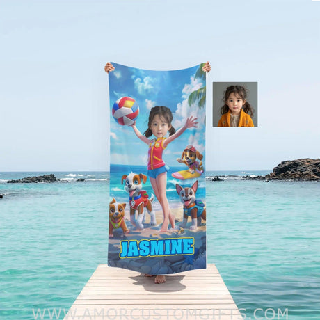 Towels Personalized Face & Name Summer Dog Patrol Puppies Adventure Summer Beach Surfing Girl