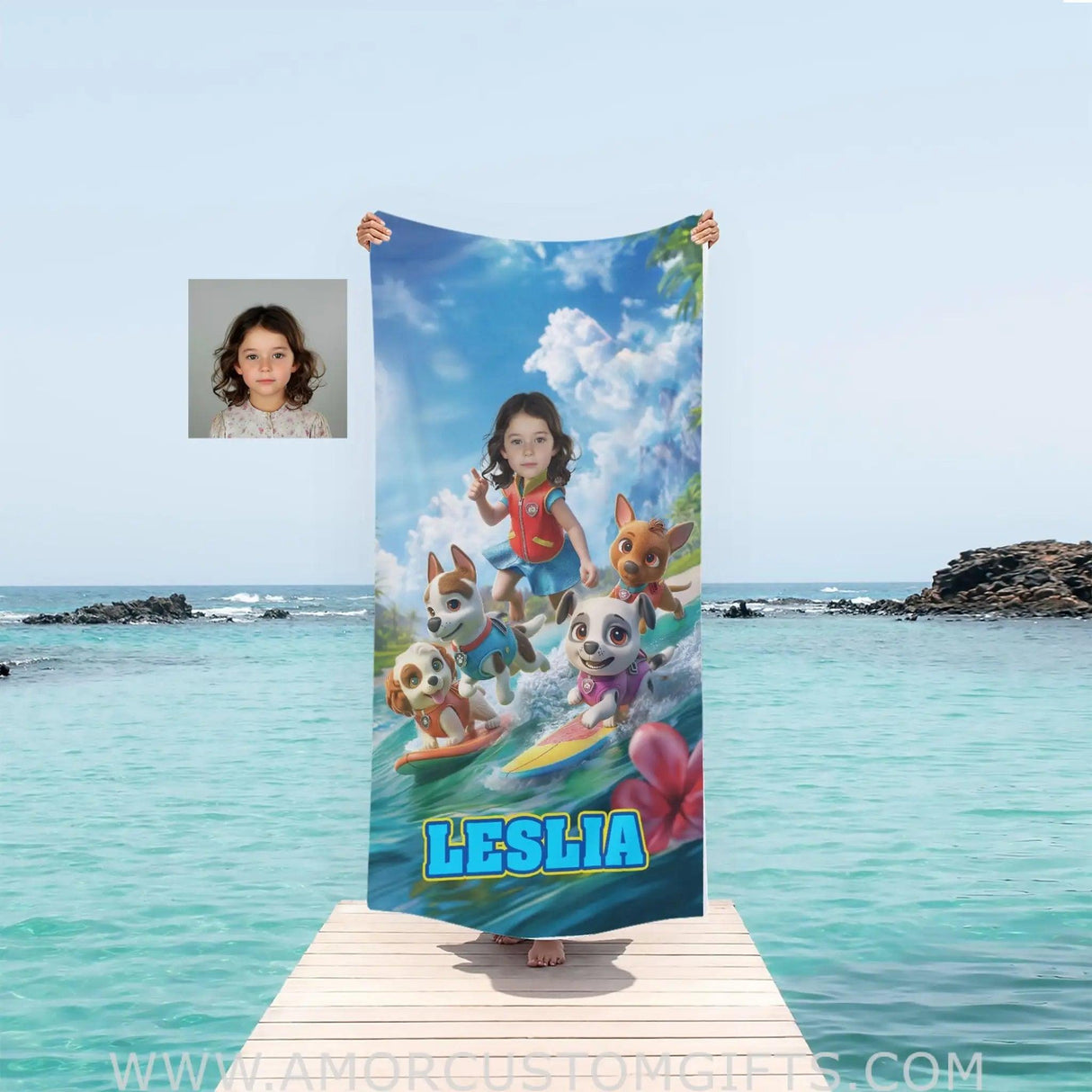 Towels Personalized Face & Name Summer Dog Patrol Puppies Adventure Summer Beach Surfing Girl Beach Towel