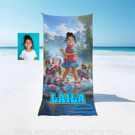 Personalized Face & Name Summer Dog Patrol Puppies Adventure Fishing Girl Beach Towel Towels