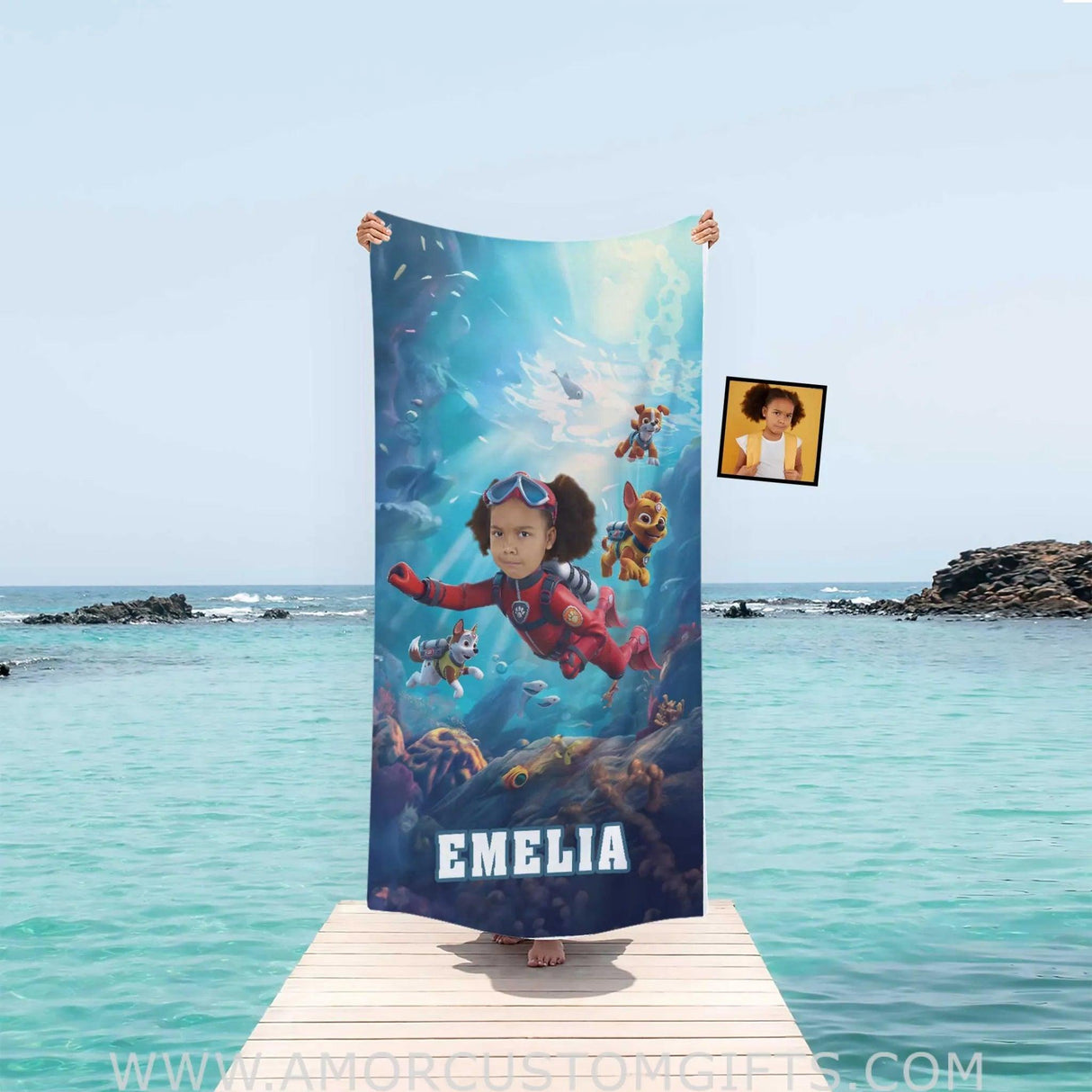 Personalized Face & Name Summer Dog Patrol Puppies Adventure Scuba Diving Girl Beach Towel Towels