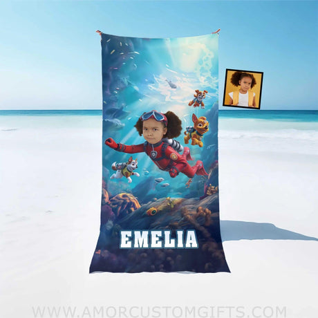 Personalized Face & Name Summer Dog Patrol Puppies Adventure Scuba Diving Girl Beach Towel Towels