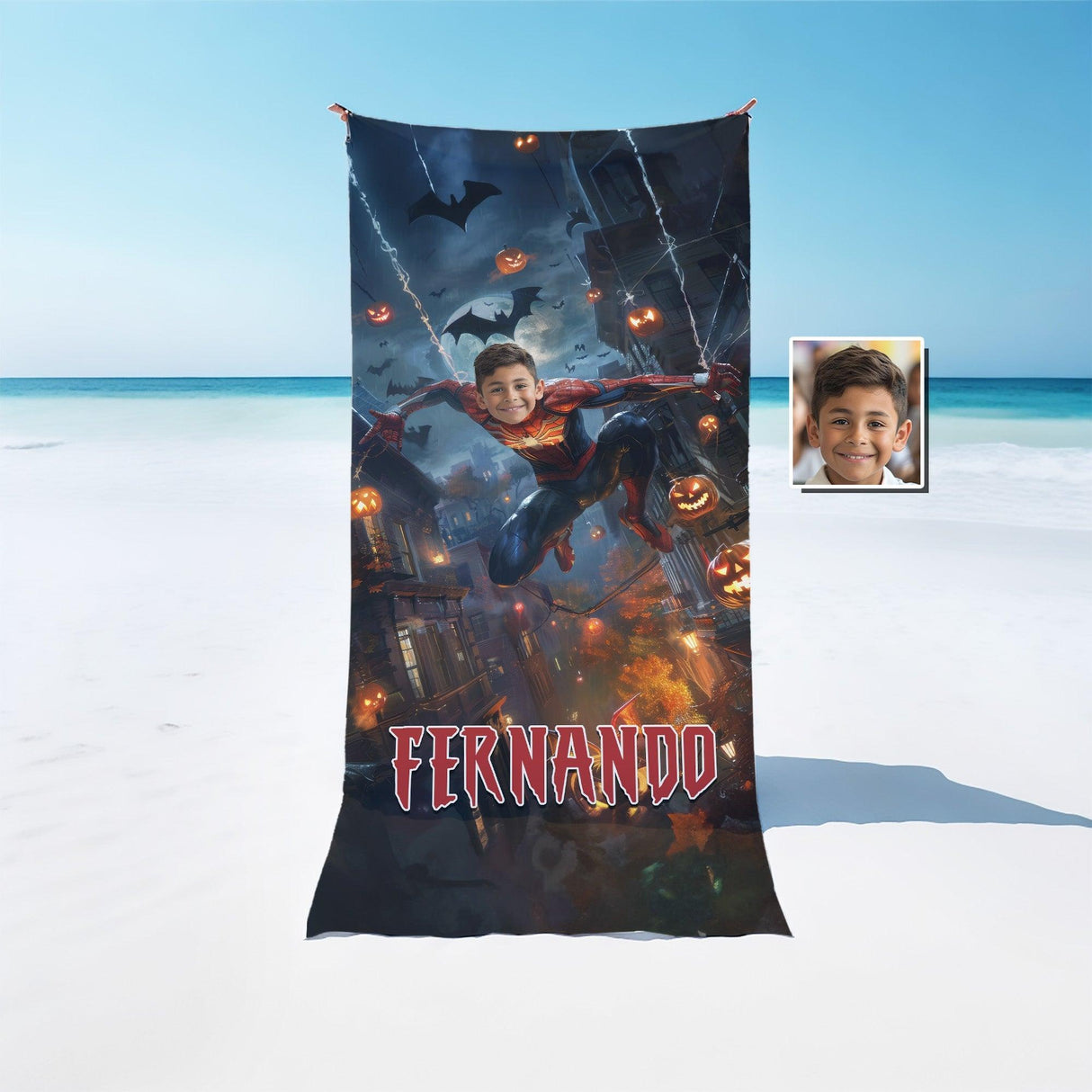 Personalized Face & Name Summer Halloween Spider Boy Escape From City Beach Towel - Amor Custom Gifts