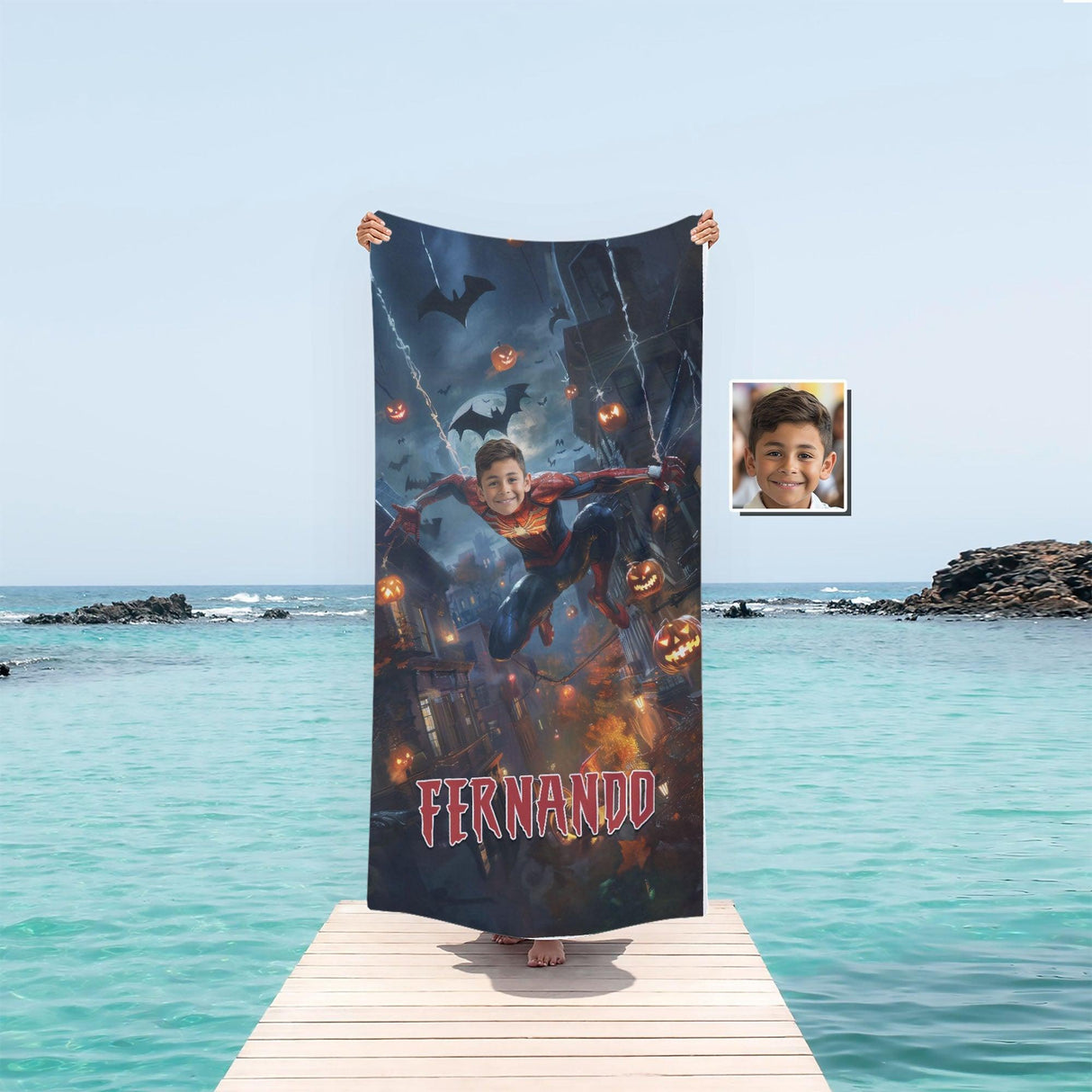 Personalized Face & Name Summer Halloween Spider Boy Escape From City Beach Towel - Amor Custom Gifts