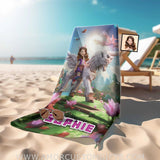 Towels Personalized Face & Name Summer Minecraft Girl Riding On Minecraft Wings Unicorn Beach Towel