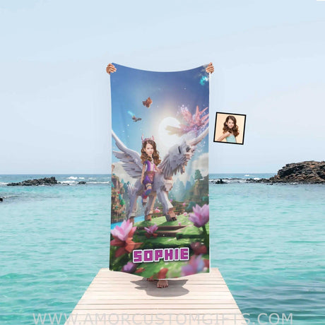 Towels Personalized Face & Name Summer Minecraft Girl Riding On Minecraft Wings Unicorn Beach Towel