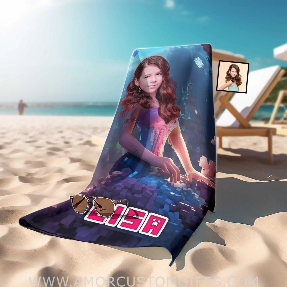 Towels Personalized Face & Name Summer Minecraft Mermaid Girl Beach Towel