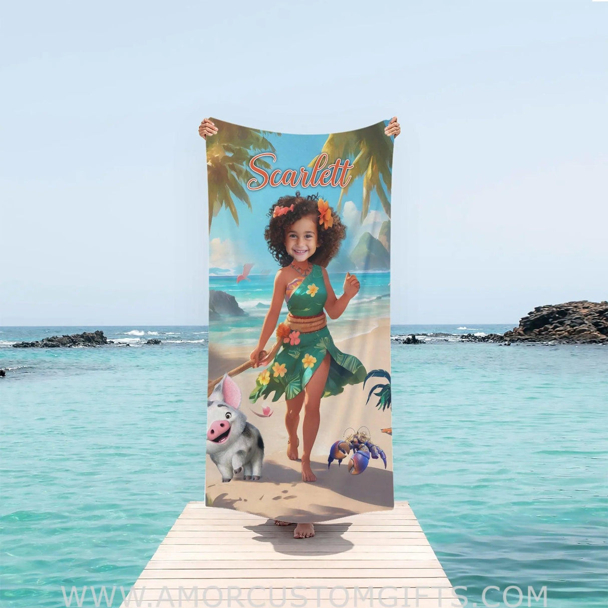 Towels Personalized Face & Name Summer Moana Princess With Flower Skirt Girl Beach Towel