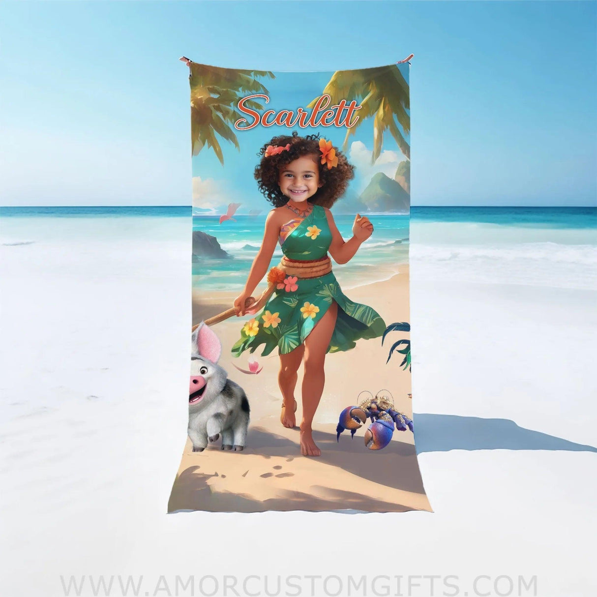 Towels Personalized Face & Name Summer Moana Princess With Flower Skirt Girl Beach Towel