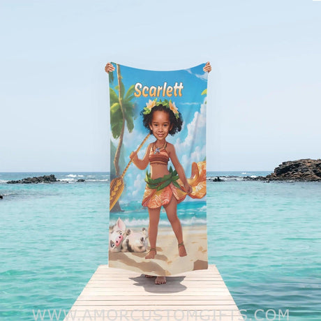 Towels Personalized Face & Name Summer Moana Princess With Pet Girl Beach Towel