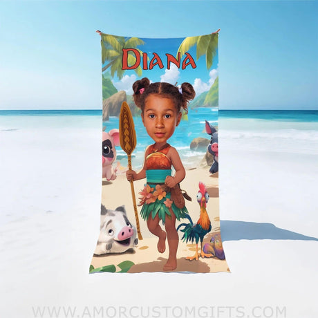 Towels Personalized Face & Name Summer Moana Princess With Pets Girl Beach Towel