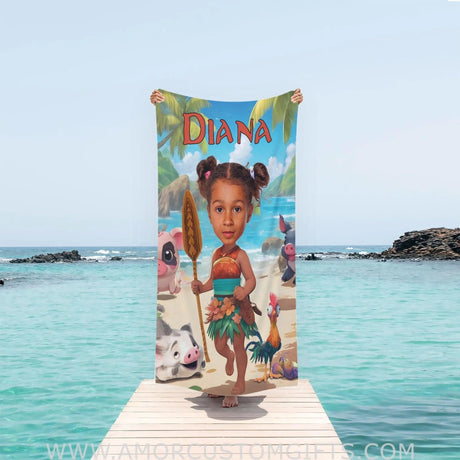 Towels Personalized Face & Name Summer Moana Princess With Pets Girl Beach Towel