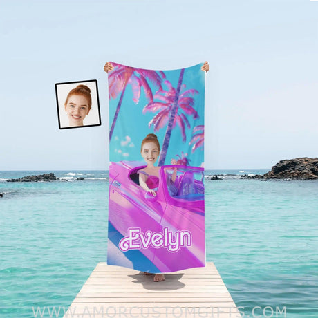 Towels Personalized Face & Name Summer Barbi Car Beach Beach Towel