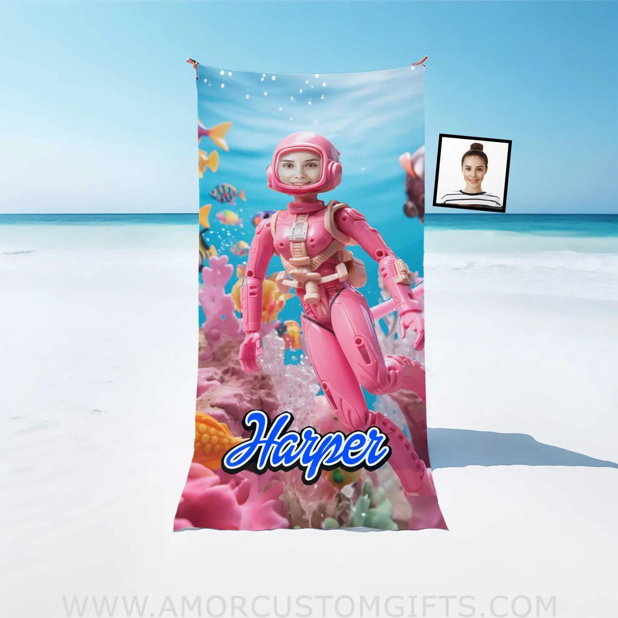 Towels Personalized Face & Name Summer Barbie Diving Beach Towel