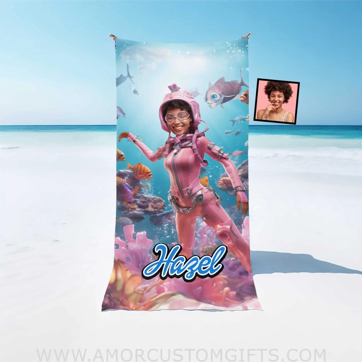 Towels Personalized Face & Name Summer Barbi Diving With Fish Beach Towel