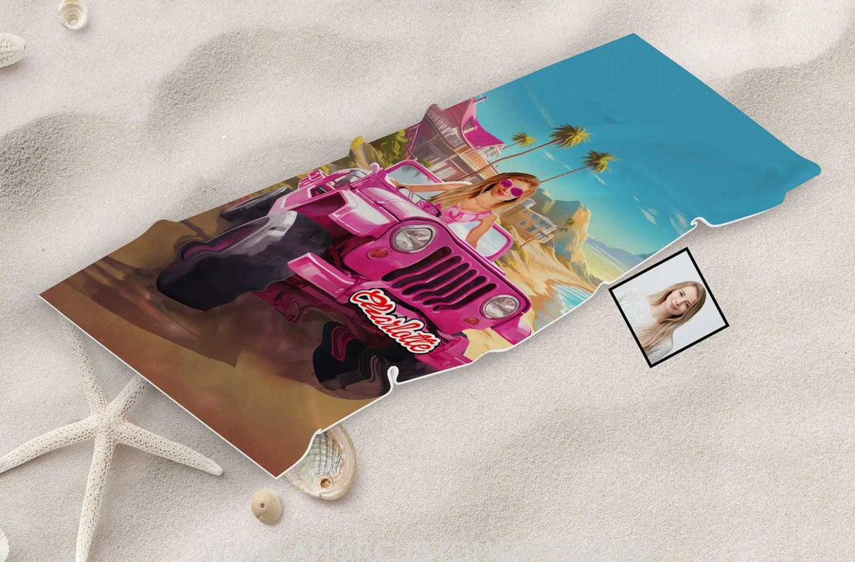 Towels Personalized Face & Name Summer Barbi Jeep Truck Beach Beach Towel