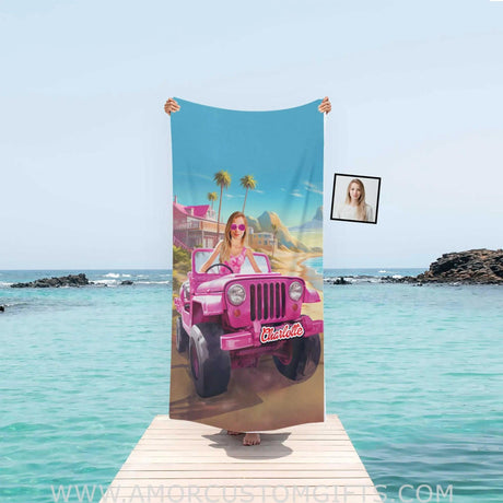 Towels Personalized Face & Name Summer Barbi Jeep Truck Beach Beach Towel