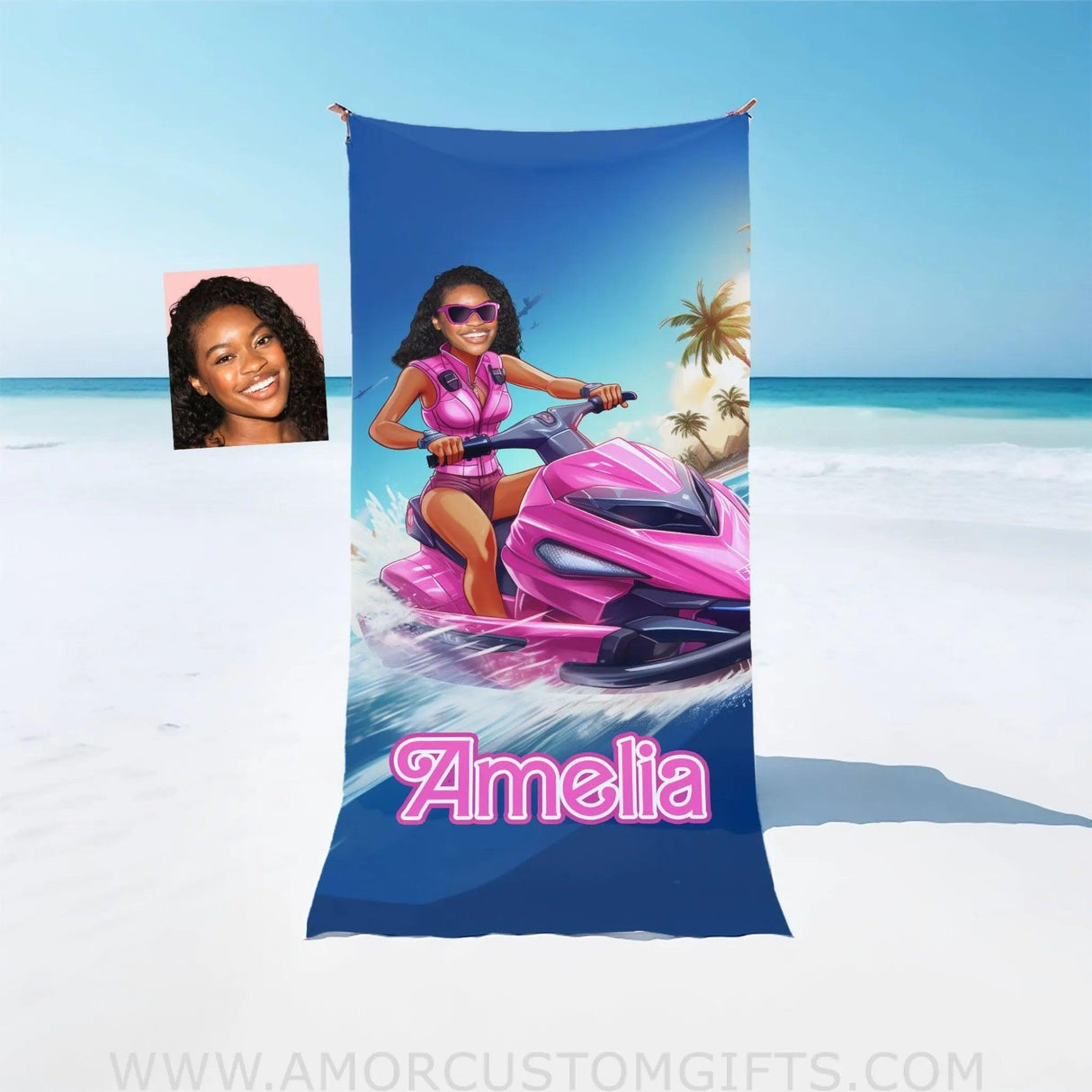 Towels Personalized Face & Name Summer Barbi Jet Ski Beach Towel