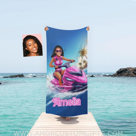 Towels Personalized Face & Name Summer Barbi Jet Ski Beach Towel