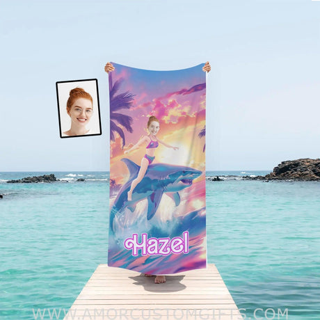 Towels Personalized Face & Name Summer Barbie Riding Shark Beach Towel