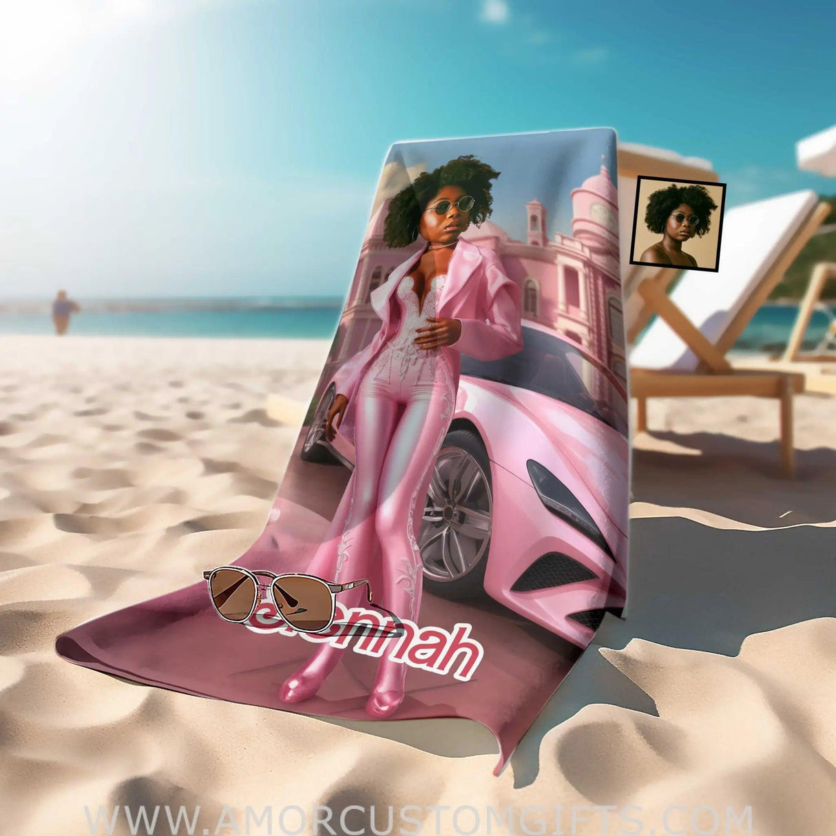 Towels Personalized Face & Name Summer Pink Fashion Doll Pink Classic Car Beach Towel